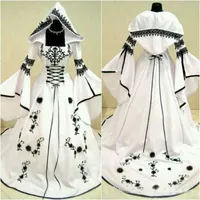 Celtic Black and White Wedding Dresses with Hat A Line Unique Bridal Gowns with Exquisite Embroidery Corset Top Custom Made