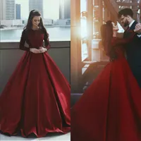 Elegant Dark Red Prom Klänningar Juvel Neck Långärmad Satin Lace Appliques Aftonklänning Formell Party Gowns Robes de Mariée
