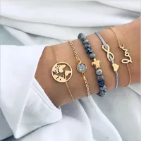 Fashion Jewelry braccialetti si è regolato 5pcs / set grigio Pietra Perle fili Amore Turtle Mappa rotonda di accessori in metallo placcato corda catena attraverso Cuore 8