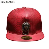 Metal Sculpture Lion Head Hats Snakeskin Leather Hip Hop Cap Men Punk Style Baseball Caps For Men Women Black Red CX200714