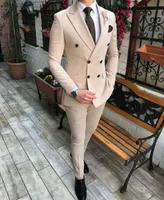 Bej Resmi Erkekler Düğün Smokin için Suits Slim Fit Çift Brasred Blazer 2 Parça Custom Made Busine Adam Terzi Yapımı Giyim (Ceket + Pantolon)