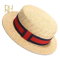 RH naturel du blé Canotier Fedora Flat Top Hat Femmes Summer Beach Flat Brim Cap avec bowknot ruban pour Holiday Party Y200619