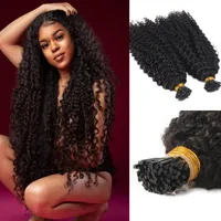 Afro kinky Curly I Tip Human Hair Extension Virgin Brazilian Keratin Pre Bonded Stick Microlinks itip Natural Black 100g