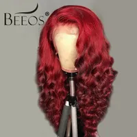 Beeos Colored Red Deep Wave 150% 13*4 Deep Part Lace Front Human Hair Wig Lace Preplucked Brazilian Remy For Black Women