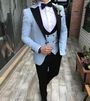 Mäns kostymer Blazers Sky Blue Men Tuxedo 3 Piece Custom Made Terno Slim Fit Groom Bröllop Mens Suit Masculino Jacka + Pant + Vest