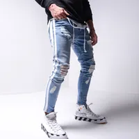 Мужские джинсы разорванные карандашные брюки мужчины тощий джинсовый велосипед боковая полосатая разрушенная отверстие хип-хоп тонкий подходящий человек почесал джинс