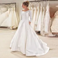 Custom 3/4 Long Sleeves Wedding Dresses 2021 with Pockedts Sweep Train Satin A Line Wedding Bridal Gowns vestidos de novia