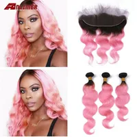 Anlimer Ombre 1b / Pink Brasilianische Body Wave Remy Human Hair Bündel mit 13x4 Spitze Frontal Verschlussohr zum Ohr dunklen Wurzeln