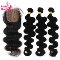 Silk Base Closure with Bundles Peruvian Body Wave Virgin Hair Lace Closure with Bundles Atina Queen Hair Products 100 Human Hair