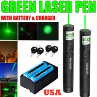 2PACK 100Miles Military 532nm Green Laser Pointer Pen Astronomy 1mw Powerful Cat Toy Adjustable Focus Lazer+2 x 18650 Battery+Dual Charger