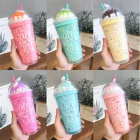 Ice Cream Lids Plastic Water Cups with Straw Kids Couple Milk Juice Drinks Bottles Double-Layer Plastic Mug