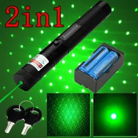 20miles ajustável Foco Militar queima Green Laser Pointer Pen Star Cap astronomia 5mW 532nm Powerful Cat Toy + 2 x 18650 Battery Charger +