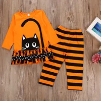 Cadılar Bayramı Yeni Çocuklar Cothing Uzun Kollu Karikatür Kedi Üst + Çizgili Pantolon 2pcs / set Moda Sonbahar Giyim Bebek Kıyafetleri M2396 ayarlar