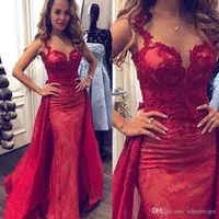 New Designer 2020 Red Prom Dresses Lace Applique Sheer Neck Formal Mermaid A Evening Train destacável Wear ocasião especial