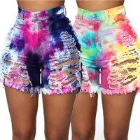 Moda Multicolor Denim Shorts Mujeres Sexy Damas Tie-Dye Agujeros Jeans High Cintura NightClub Fiesta Casual Use Jeans 2020 New Larms
