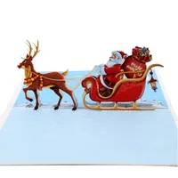 Handmade 3D Print Pop Up Santa Claus With Deer Car Greeting Cards Happy New Year Merry Christmas Festive Party Supplies