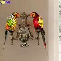 Fumat tiffany stil dubbel arm lampa vägg ljus färgade glas armaturer åldrig mässing papegoja lampshade hus dekor amerikanska retro e27