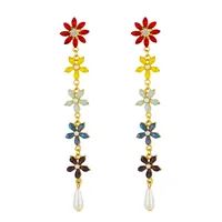 Pendientes de Corea del largo cristalino colorido de las flores del Rhinestone de la borla larga de moda flor de la resina para la Mujer Declaración joyería