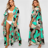 Women&#039;s Blouses & Shirts Fitshinling Bohemian Summer Bikini Beach Cover Up Swimwear Holiday Big Size Print Long Cardigan Kimono Green Sexy C