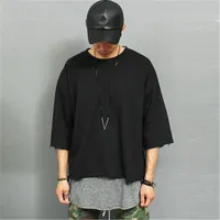 Man losse schouder t-shirt mode trend draagbaar aan beide kanten Tee ontwerper mannelijke harajuku stijl halve mouw tops unieke nieuwe causale t-shirt
