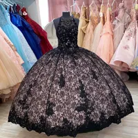Sexy Black Lace Sheer Neck Dresses Prom Quinceanera vestido de baile de cristal frisada Corset Voltar Evening Formal Vestidos Doce 16 Vestidos De Vestido