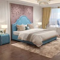 JF001 Dostosowane nowoczesne meble do sypialni Luksusowe wysokie łóżko oparcie niebieski kolor miękki łóżko ramki z pudełko pojemnikowe Wygodne miękkie łóżko