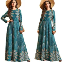 Muslim Women Printed Long Dress Elegant Knitted Maxi Robe Full Length Long Sleeve O-neck Dubai Gown Abaya Kaftan Arab Jilbab New