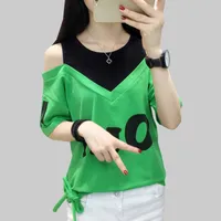 shintimes Bow T-Shirt Off The Shoulder Tops For Women T Shirt Letter Print Tee Woman Clothes 2019 Summer Cotton Tshirt Femme MX200721