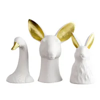 Cerámica blanca Conejo Conejo Roe Ciervos Figuras Cabeza animal Escultura con orejas de oro Jarrón nórdico Decoración del hogar Ornamento