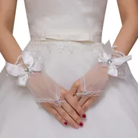 Femmes pure tulle mariage courts gants sans doigts satin bowknot coeur strass bijoux bijoux volants dentelle dentelle mitaine de fête de fête