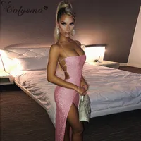 Casual Dresses Colysmo Maxi Sommerkleid Frauen 2021 Spaghetti Riemen Backless Cross Lace Up Sexy Rosa Glitter Bodycon Party Lange