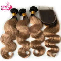 Atina Queen #1b/27 4*4 Lace Closure with Bundles Brazilian Body Wave Dark Roots Ombre Honey Blonde Remy Human Hair Weave Bundles