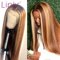 Linki Lace Front Human Hair Peruki dla kobiet Straight Brazylijski Remy Highlight Ombre 27 Brązowy Czołowy Wig Pre wyrwany