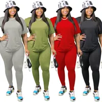 크기 솔리드 여성 운동복 2020 새로운 여름 가을 반팔 T 셔츠와 바지 스포츠 Clubwear 두 조각 세트 리얼 플러스