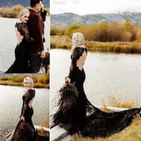 Vintage preto laço sereia vestidos de casamento 2021 ilusão de manga comprida backless gótico retrô vestido nupcial longo boho praia vestidos de novia