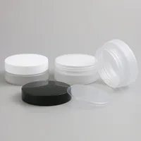 30 unids con escarcha plástico transparente tarros redondos con forros interiores y tapa blanca negra recipientes de cosméticos vacíos 50g 50ml