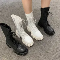 Botlar Marka Kadın Ayakkabıları Yuvarlak Ayak Med Topuk Çizmeler-Kadınlar Moda Kaya Orta Buzağı 2021 Kauçuk Binme Sonbahar Slip-On