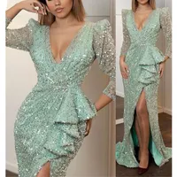 Ny Sparkly Arabic Mermaid Evening Dress 2020 Långärmad High Split Mint Sequined Prom Klänningar i Turkiet Plus Size Formella klänningar