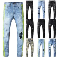 Herren Denim Jeans Hosen neongelb Farblinien Patchwork zerrissene Jeans Qualitäts-Art- und Löcher Denim Stretch pa zerstört