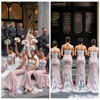 2020 rosa spaghetti remsor sjöjungfrun långa brudtärna klänningar spets applikationer smal ära av maid custom vestidos de bridmaid billiga formella