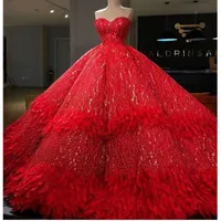 Luxo Feathers Ball vestido Prom Vestidos com as principais lantejoulas vestido de noite vermelho Lace Up Red Carpet Voltar Vestidos Formais robe de soirée