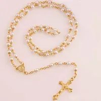 White Pearl Halskette Gold Rosenkranz-Korn-Kette Religiöse Jesus-Kreuz-Halskette für Frauen 6mm Förderung-Preis New Hot