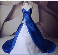Shiny Reale Immagine New White e Royal Blue Un abito da sposa linea 2019 Lace Satin Appliques l'abito nuziale perline su ordine di cristallo alla moda