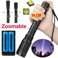 Super Bright 80000LM Zaklamp Tactische Oplaadbare Upgrade T6 LED Torch Zoomable 5 Modi SOS + 2x 18650 Batterij + oplader
