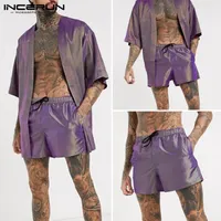 INCERUN Moda Erkekler Pijama Açık Dikiş Yarım Kol Hırka İpli Şort Homewear Mens Chic Parlak Gecelik Suit T200813 Setleri