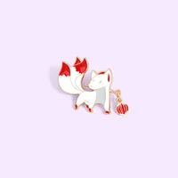 일본식 귀여운 만화 흰색 세 꼬리 흰색 여우 핀 배지 브로치 빨간색