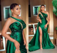 Hunter Green One Shoudler Neckline Evening Dresses 2020 High Side Split Long Sweep Vestidos De Fiesta Arabic Aso Ebi Prom Dress