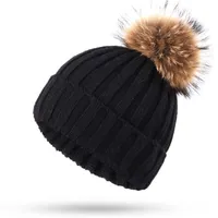 Wholesaleリアルミンクの毛皮のポンポンニット帽子ボールビーニー冬の帽子の女の子のウールハットコットンスカルリー女性キャップ