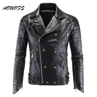 AOWOFS 남성 가죽 재킷 검은 색 오토바이 PP 해골 가죽 재킷 리벳 지퍼 슬림핏 퀼팅 펑크 자켓 바이커 코트 5XL