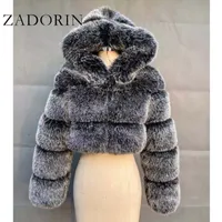 ZADORIN alta qualidade Furry recortada Faux Fur casacos e jaquetas Mulheres Fluffy Top Coat manteau femme 200921 com capuz Inverno Fur Jacket